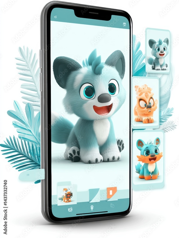 Aufkleber Interactive Virtual Pet App Showcases Animated Creature on Smartphone Display for Engaging Playtime Experience