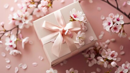 present gift box with tiny pale pink satin ribbon decorated with blooming sakura flowers on pale pink background, birthday, decorative, white, surprise, beautiful, wedding