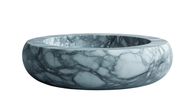 Sculptural marble bowl a modern installation in contemporary design. Isolated on transparent background, png.