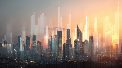 Futuristic Business Cityscape with Holographic Charts and Layers