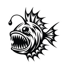 Detailed Black and White Anglerfish with Sharp Teeth and Bioluminescent Lure