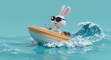 Cartoon bunny rabbit wearing sunglasses driving a speed boat on blue water waves enjoying summer vacation holidays travel fun