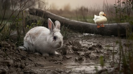 Fluffy rabbit and juvenile duck rest quietly in soft muddy forest