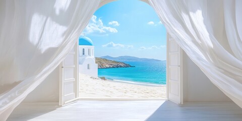 Tranquil mediterranean seaside view through open doors with white curtains and blue sky