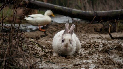 White rabbit and duck stand peacefully in a quiet marsh puddle scene