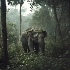 Fototapeta premium Elegant elephant standing in dense green forest with mist and trees
