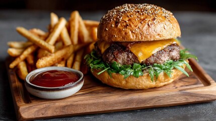 Artisanal cheeseburger meal with crisp fries and dipping sauce on a wooden tray