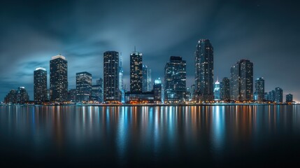 Fototapeta premium Cityscape at Night. Reflecting lights on water