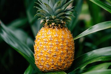 Fototapeta premium A fresh, golden pineapple with its spiky leaves and vibrant yellow flesh.