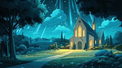 Obraz premium Peaceful church nestled in a tranquil night landscape
