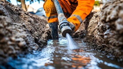 Close-up view of a worker cleaning a trench with a high-pressure water hose.