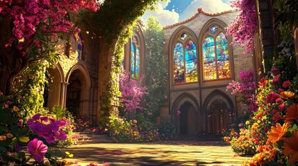 Enchanted, sun-drenched courtyard of a crumbling gothic church, vibrant flowers bloom