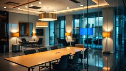 Contemporary Office Conference Room with Stylish Lighting and Modern Furnishings in Evening Hours