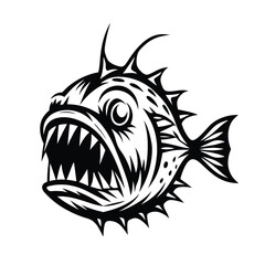 Obraz premium Tribal Anglerfish With Sharp Teeth in Black & White Line Art Isolated On White Stock