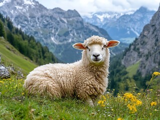 Fototapeta premium Sheep resting on a meadow in Alps, a natural scenic view, may be suitable for illustrating agriculture