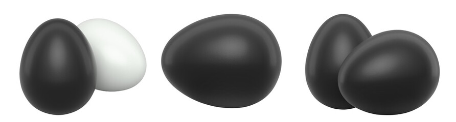 Black eggs placed side by side isolated on white transparent background. Concept of egg variety and nutrition