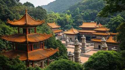 Ancient Asian temple complex nestled in lush mountains