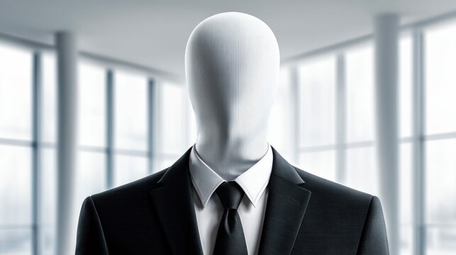 A faceless figure in a suit stands in a modern office, creating an unsettling scene.