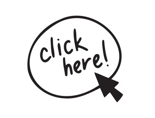 Click here doodle button. Hand drawn sketch cursor icon. Web site register Freehand drawing style