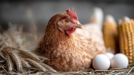 A close-up shot of a brown hen resting on a nest of straw, eggs, and corn.