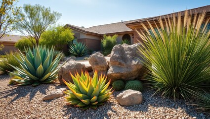 Lush Desert Garden Featuring Vibrant Succulent Plants and Natural Rock Arrangements