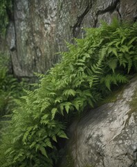 Deep green moss, delicate ferns on weathered stone ,  damp,  scenic