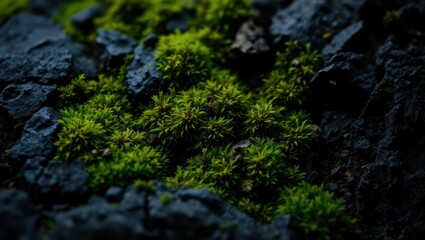 Close Up View of Lush Green Moss Growing on Dark Rocky Surface in a Natural Setting
