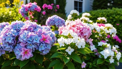 Colorful Hydrangea Flowers Blooming Vibrantly in a Well-Maintained Garden During Spring