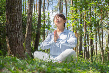 A young asian woman wearing a long-sleeve collared shirt and denim jeans pants is meditating and sitting on the grass in a lush pine forest in the morning.