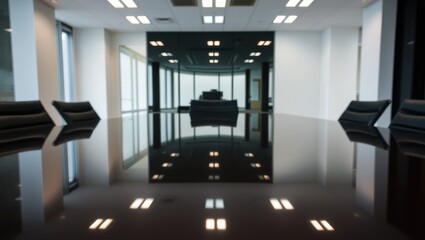 Modern Corporate Conference Room with Glass Walls and Reflective Table Surface in a Business Environment