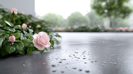 Elegant Pink Roses on Wet Gray Tiles, Fresh and Serene pink roses rosebuds gray tiles wet surface