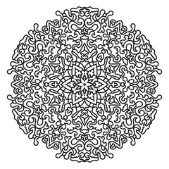 Ornate mandala design featuring intricate floral and swirling patterns, perfect for adult coloring pages, meditation art, tattoo designs, and elegant decorative projects. Black and white line art.