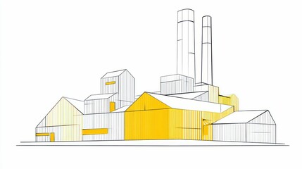 Fototapeta premium An artistic sketch presents an industrial factory complex, featuring stylized architectural forms.