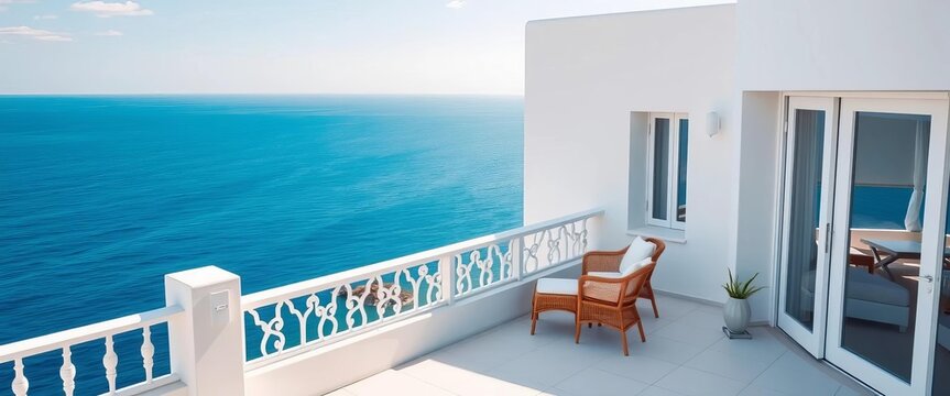 Ocean view white building balcony, spacious minimalist design, peaceful, resort