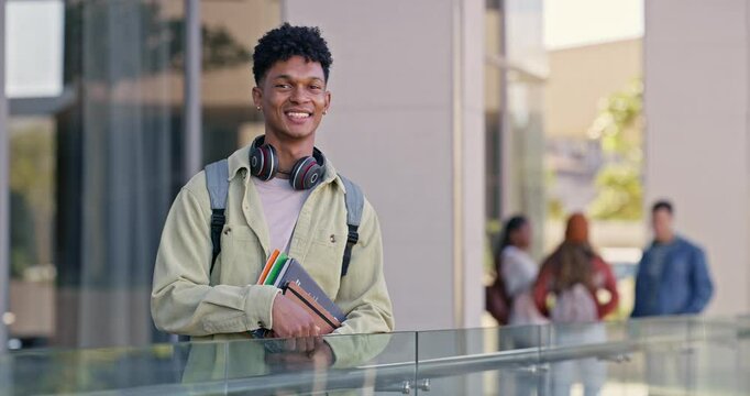 Face, university and student with backpack, man and higher education with knowledge, smile or learning. Portrait, outdoor or person with headphones, break or happy with pride, academic or scholarship