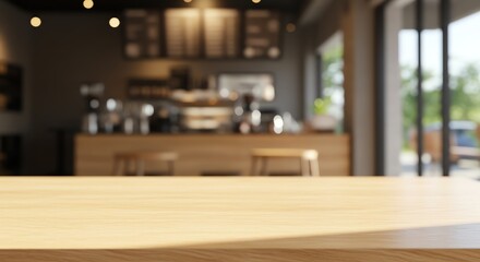 Wooden Tabletop in Cafe with Blurred Background and Natural Light