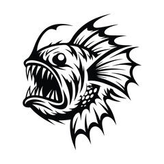 Monochrome Anglerfish Illustration, Sharp Teeth, Bioluminescent Lure, Deep Sea Predator
