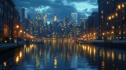 Obraz premium Urban canal scene at twilight. City buildings reflect on still water. Warm, ambient light