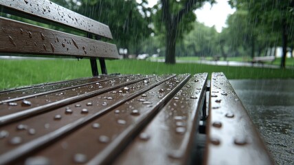 Fototapeta premium Rainy Day Park Bench: Serene Wet Wood and Nature rain rain drops park bench wet wood wooden park day