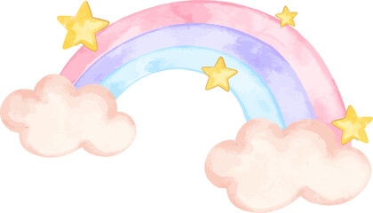 Rainbow with cloud and stars, watercolor clip art suited for baby room decoration, nursery, and baby shower project.