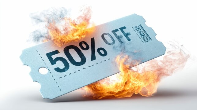 A burning 50% off coupon, symbolizing a hot deal and limited time sales promotion.