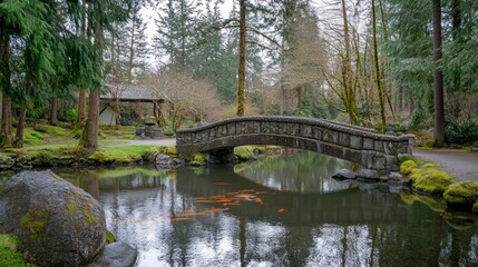 Stone bridge over serene pond in a tranquil garden setting. Lush greenery, moss, and a peaceful atmosphere