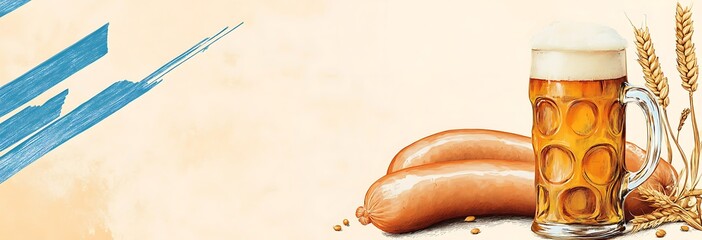 Illustration of two beer glasses with white foam and sausages on a background