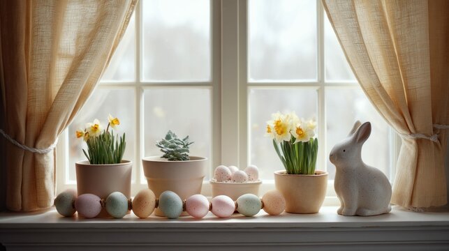 An inviting Easter window display with spring flowers, eggs, and bunny decorations in a bright room.