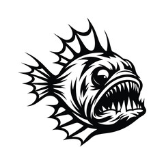 Angry Piranha with Sharp Teeth in Black and White Silhouette on a White Background