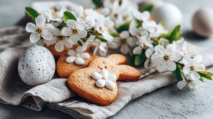 An easter scene featuring floral blooms, speckled eggs, and adorable bunny cookies.