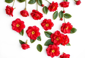 Overhead shot of vibrant red Camellia japonica blooms aligned on pristine white, ample copy space, simple, vibrant