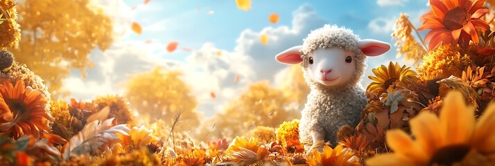 Obraz premium Lamb sitting among sunflowers in autumn nature scene for children's content