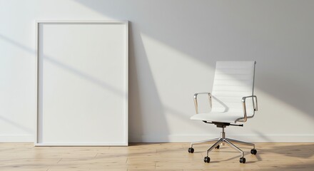Fototapeta premium Modern Interior with Chair and Blank Poster Frame on Wood Floor