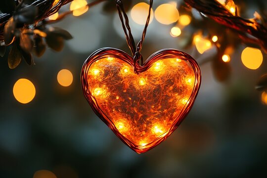 Illuminated heart ornament hanging amidst warm bokeh lights